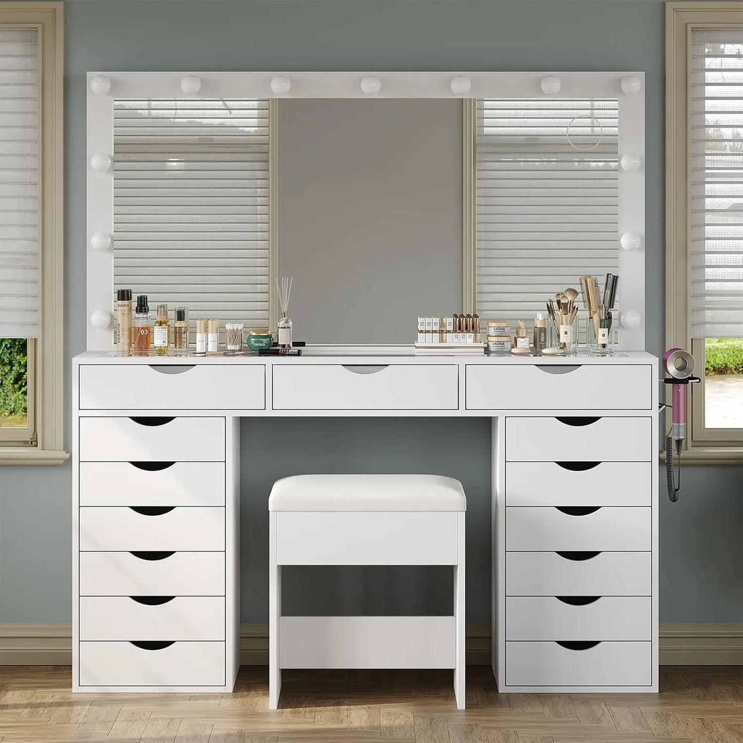 Vanity Desk with Mirror and 3 color Lighting Modes with Charging Station,15 Drawers Dressing Table