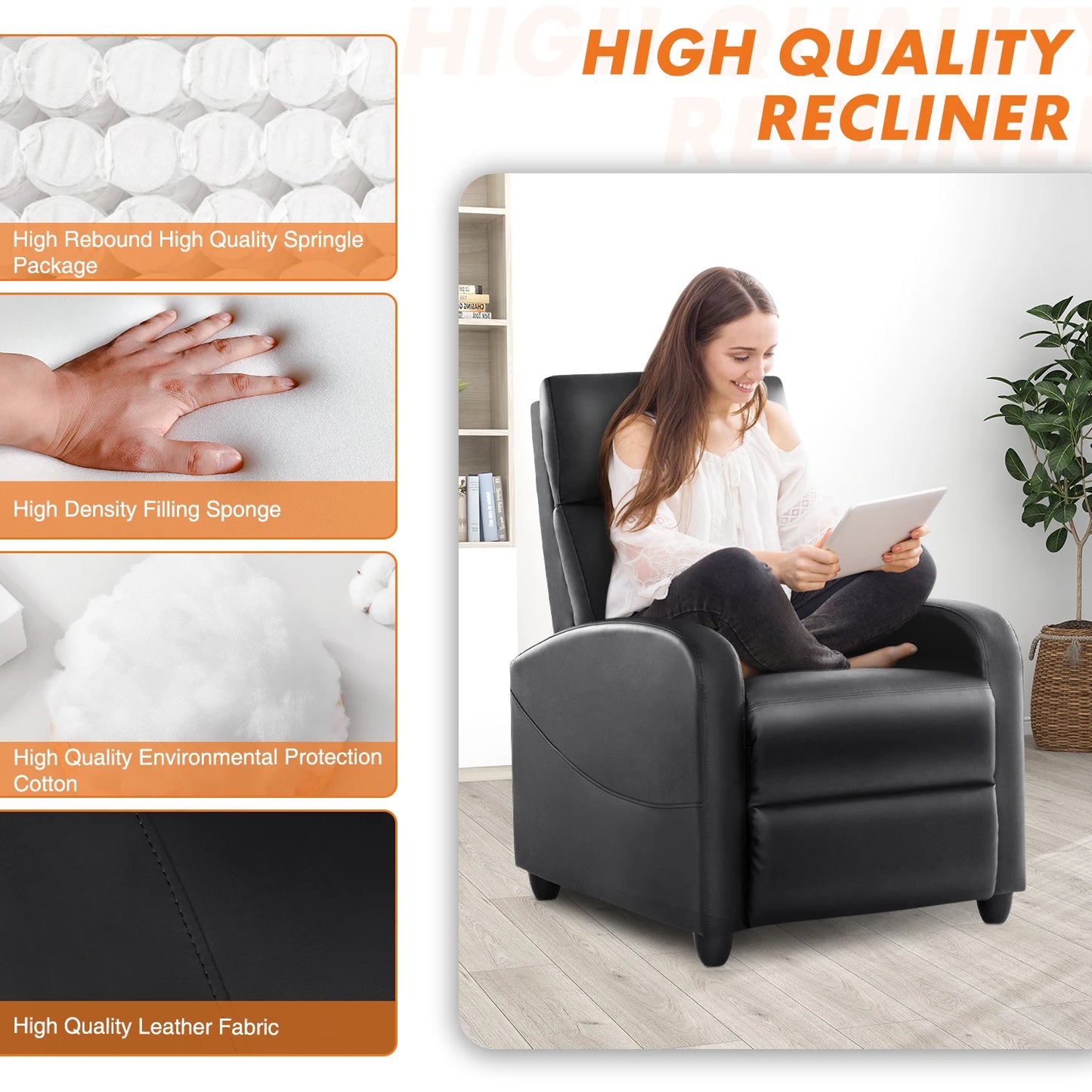 JHK Recliner Massage Sofa Chair Theater adjustable Lumbar Support, Padded Seat Backrest, Grey