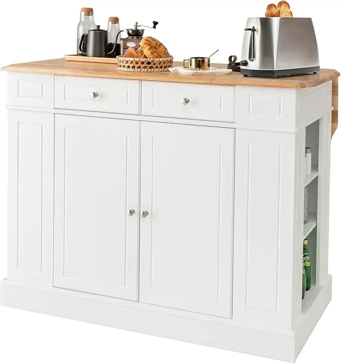 Kitchen island with rubber wood countertop, 2 drawers, 5 adjustable shelves and spice rack
