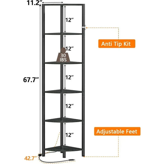 6 Tier Corner Shelf with LED Light 67.5” Tall Standing Shelf Organizer, Black Narrow Bookshelf with Storage Rack for Wall Corner