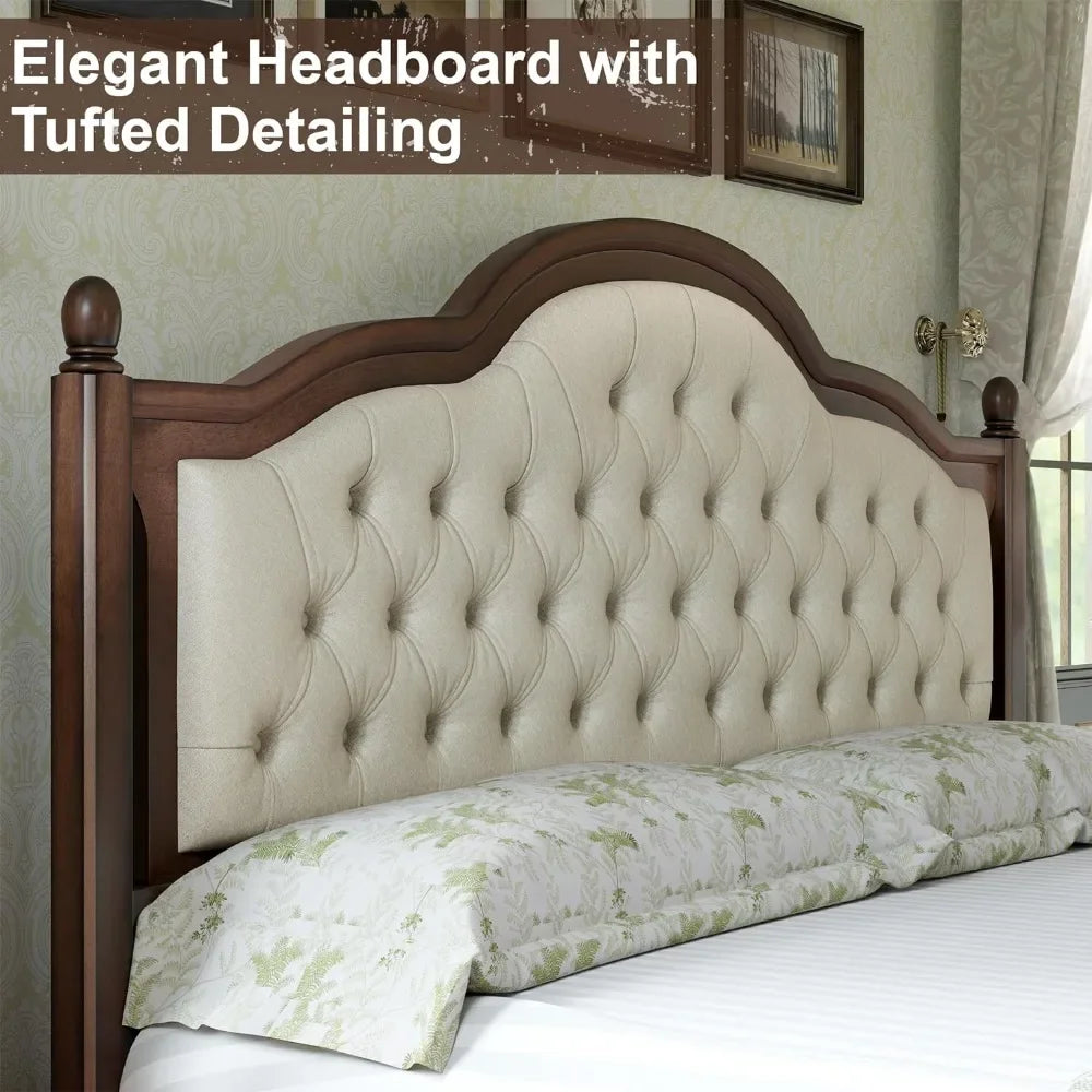 Solid Wood Bed Frame Queen Size,52.5" Upholstered Headboard, Column Accents/Support/No Box Spring Needed