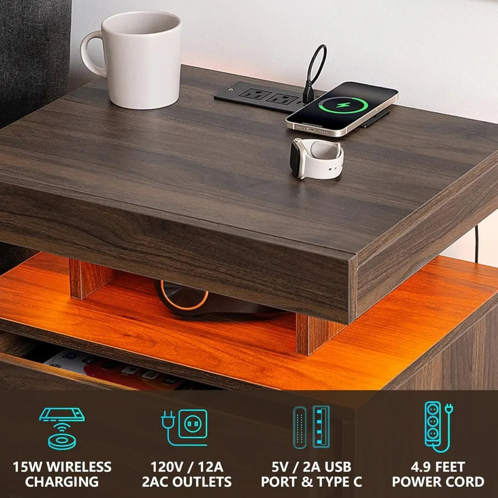 Set of 2 Walnut Tall High Gloss Nightstands ,with Wireless Charging Station with 3 Drawers