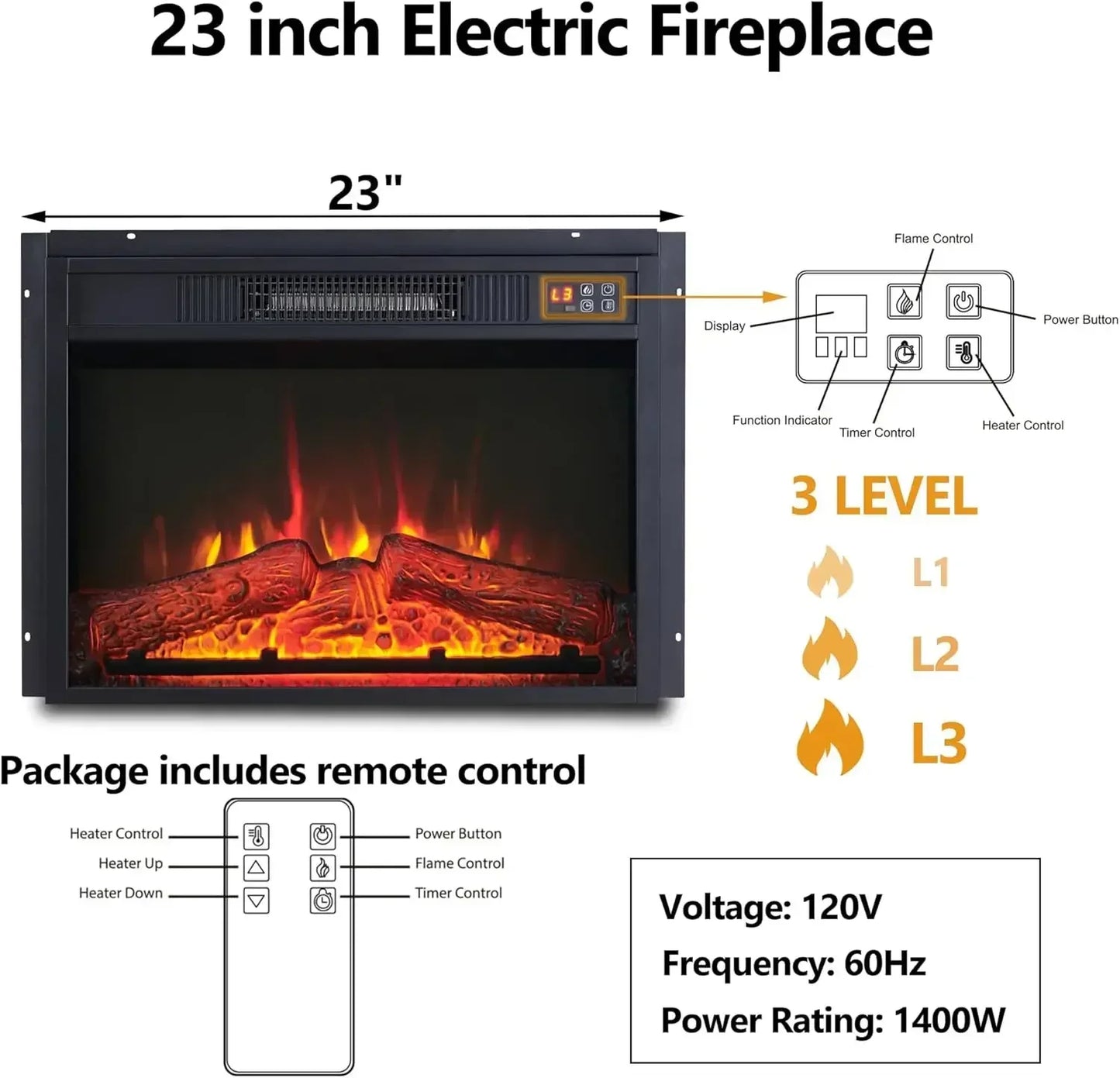 45" Flip Top Electric Fireplace adjustable flame level with Mantel, Heater, TV Stand, (Brown)