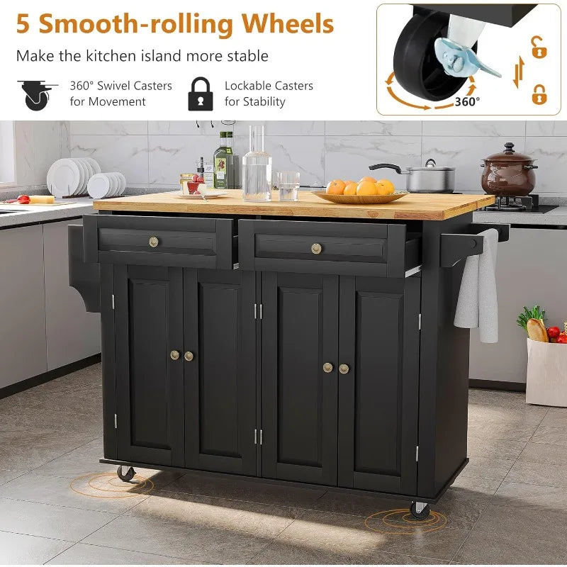 Rolling Mobile Kitchen Island Table  with Wood Top and Drop Leaf Breakfast Bar