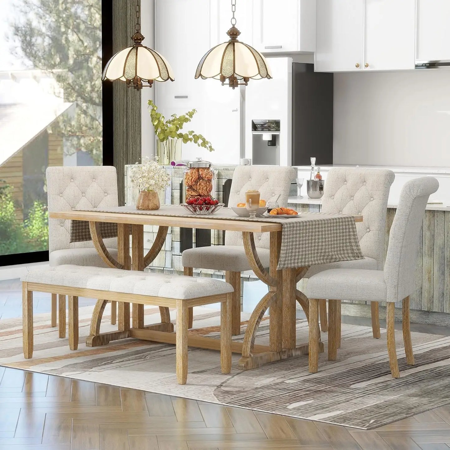 6 Pieces Rectangular Wood Dining Table Set with Bench and Unique Legs with 4 Upholstered Chairs