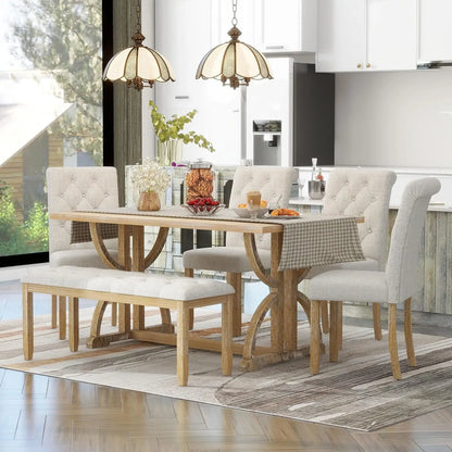 6 Pieces Rectangular Wood Dining Table Set with Bench and Unique Legs with 4 Upholstered Chairs