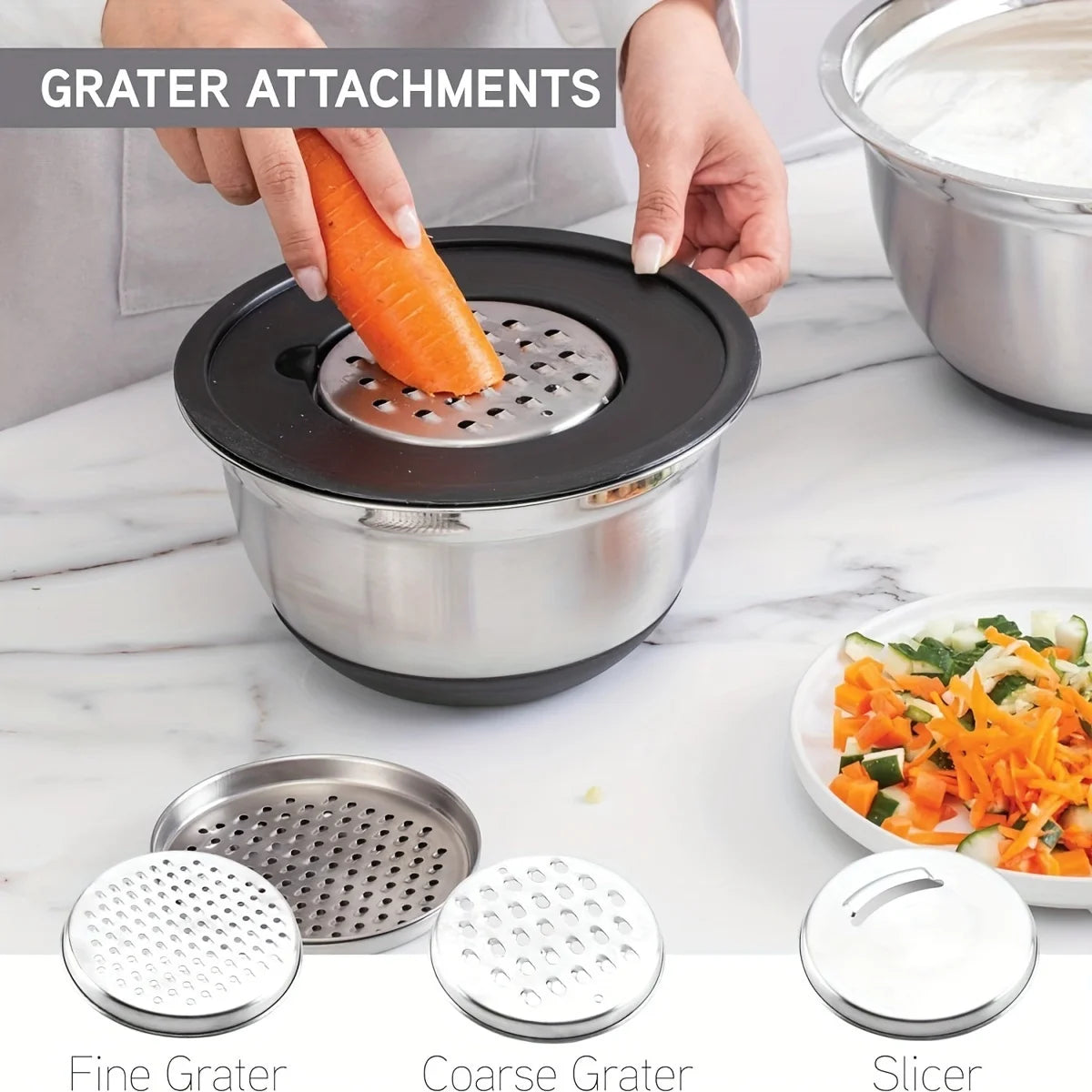 8pcs Stainless Steel Mixing Bowl set with Airtight Black Lids with Attachments  Bottoms