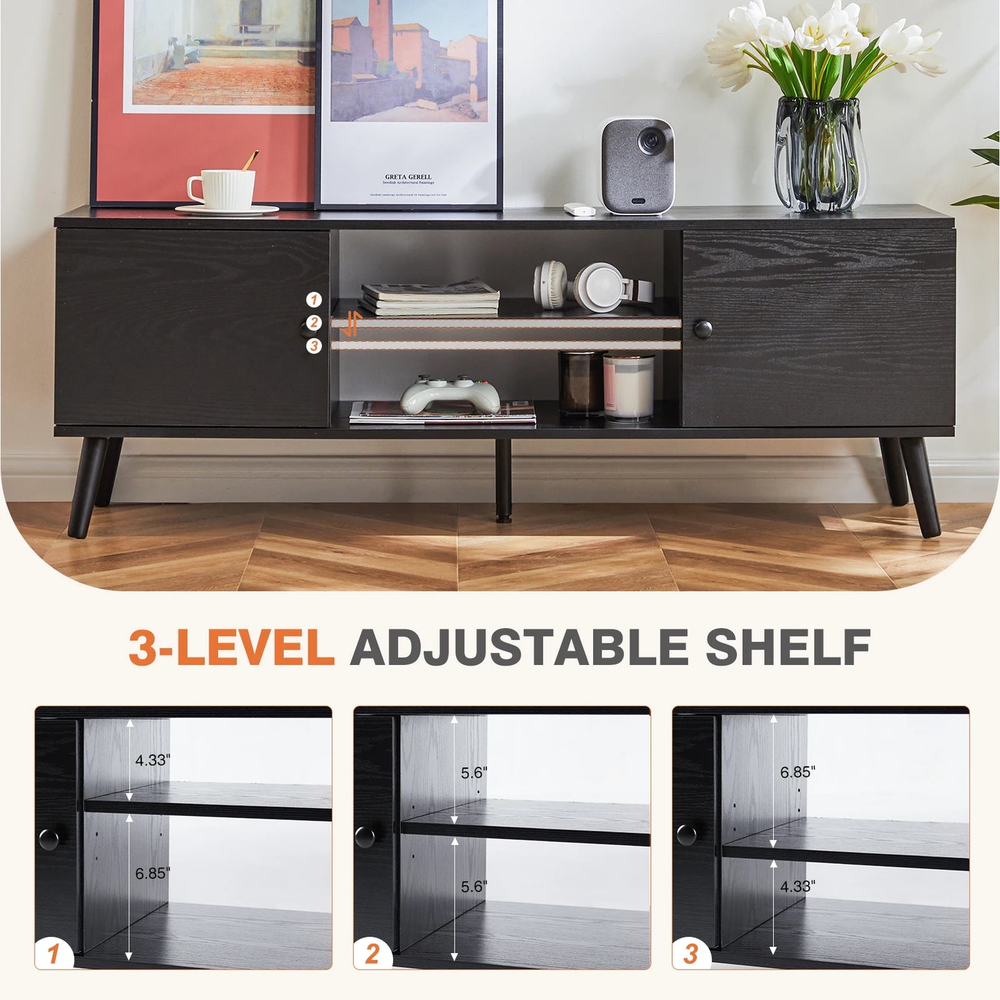JHK TV Stand For Up To 60 Inch, Entertainment Center with Media Console, 2 Storage Adjustable Shelf