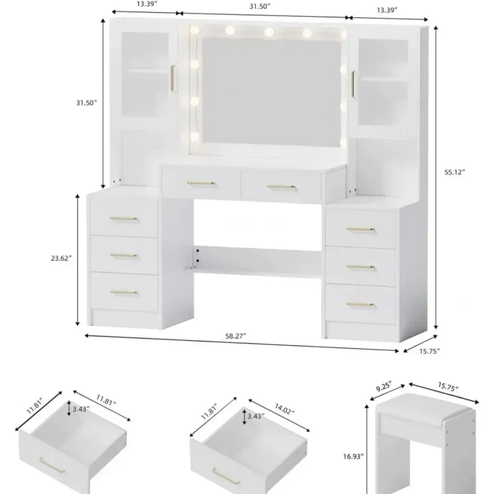58.3" Vanity Desk with Mirror  and 10 LED Lights, 8 Metal Sliding Drawers & 2 Cabinets,Vanity Set