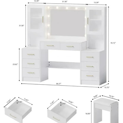 58.3" Vanity Desk with Mirror  and 10 LED Lights, 8 Metal Sliding Drawers & 2 Cabinets,Vanity Set