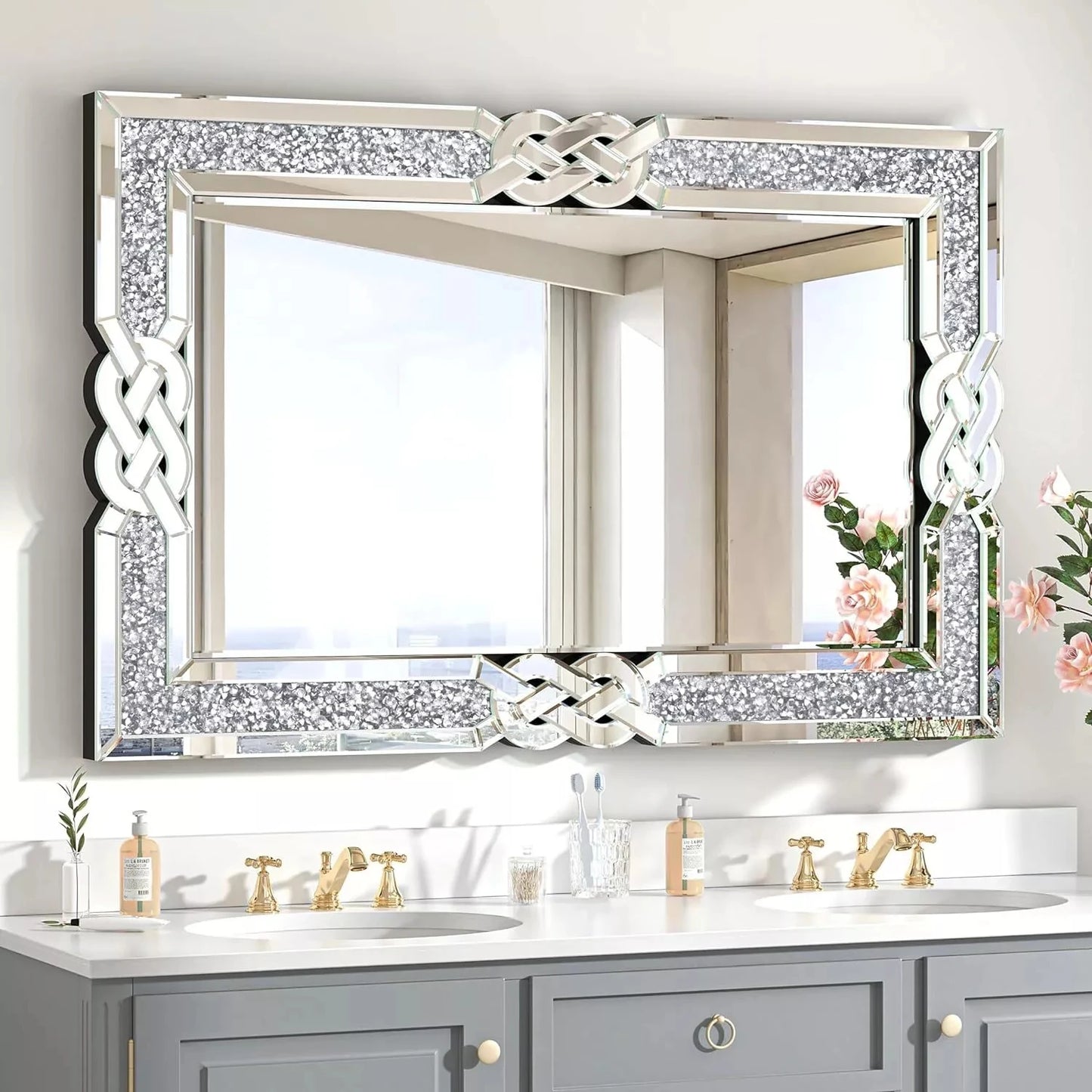 Wisfor Crushed Diamond Glass Silver Wall Mirror Rectangular  with Decorative Glam Bling Crystal Frame Edge
