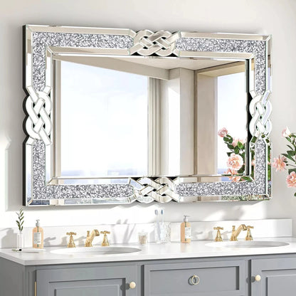 Wisfor Crushed Diamond Glass Silver Wall Mirror Rectangular  with Decorative Glam Bling Crystal Frame Edge