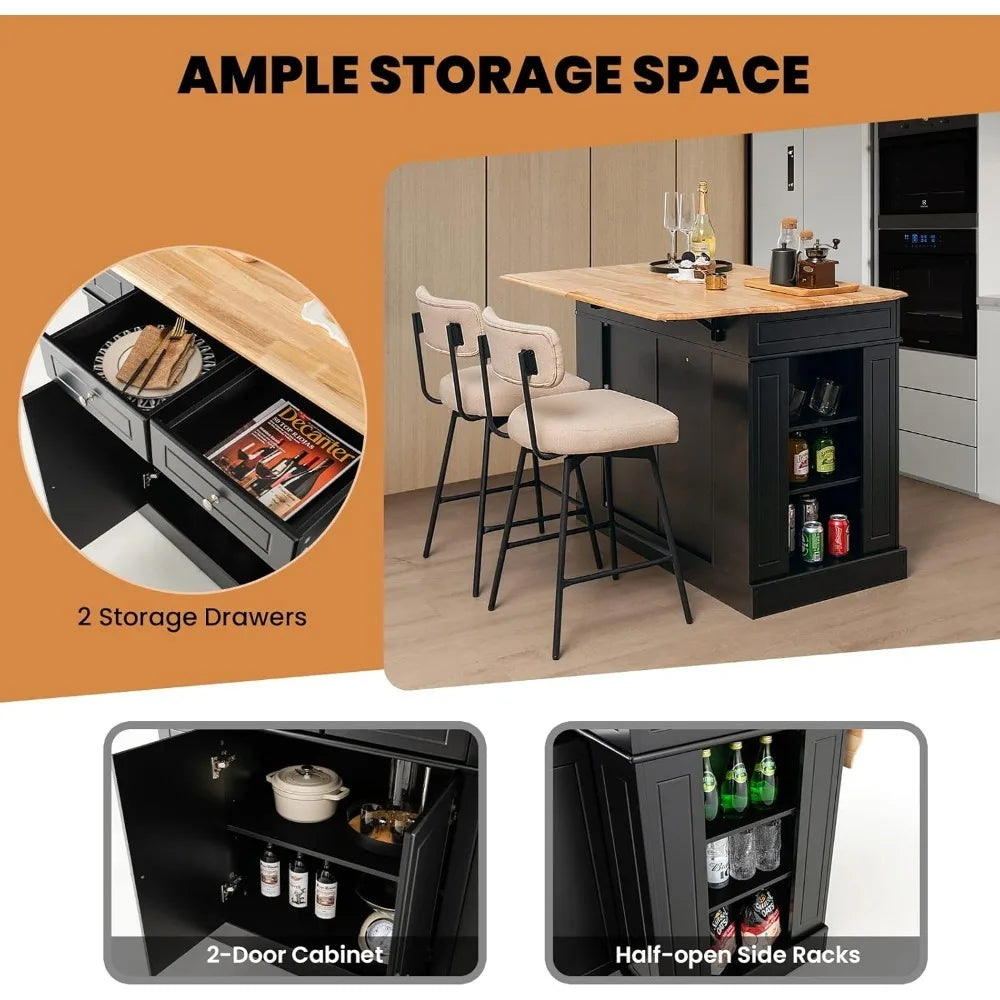 Kitchen island with rubber wood countertop, 2 drawers, 5 adjustable shelves and spice rack