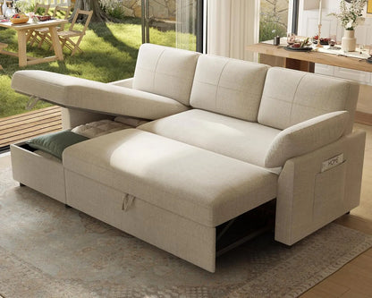 Sofa Bed, Sleeper Sofa with Storage Chaise, Pull Out Couch for Living Room, Grey Chenille Bed Couch
