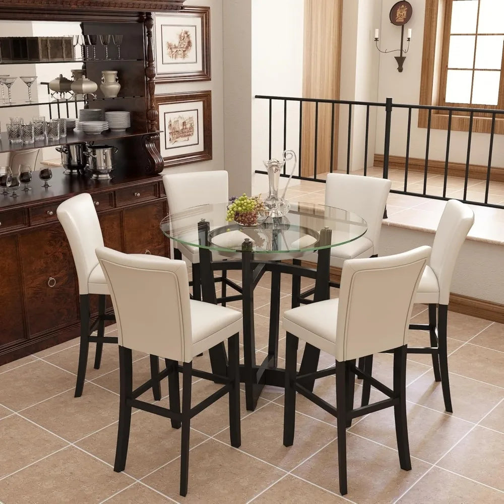 42" Tempered  Top High Bar Table Stools Set of 5 Upholstered Back with Four 31.9"H Barstools Chairs