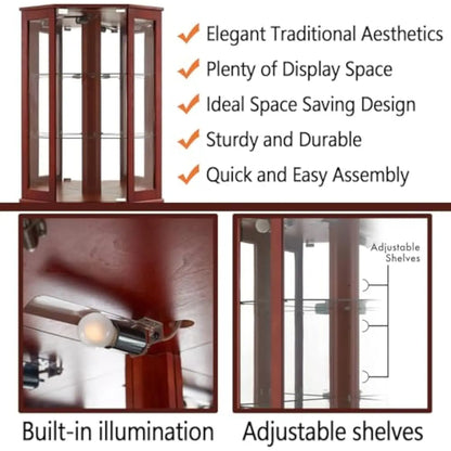 Lighted Curio China Cabinet Corner Display with Tempered Glass Doors and Shelves, Wooden Accent