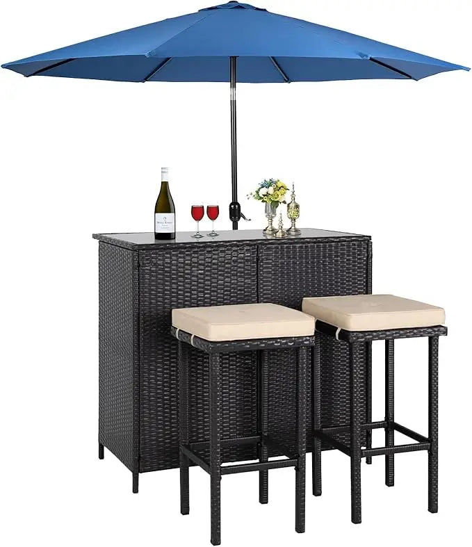 3-Piece Wicker Patio Outdoor Bar Set, 2 Stools and 1 Glass Top Table, Bistro Set,