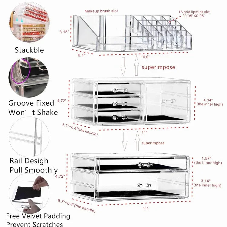 Good 3 Pack Clear Makeup Storage Organizer,Stackable 6 Drawers