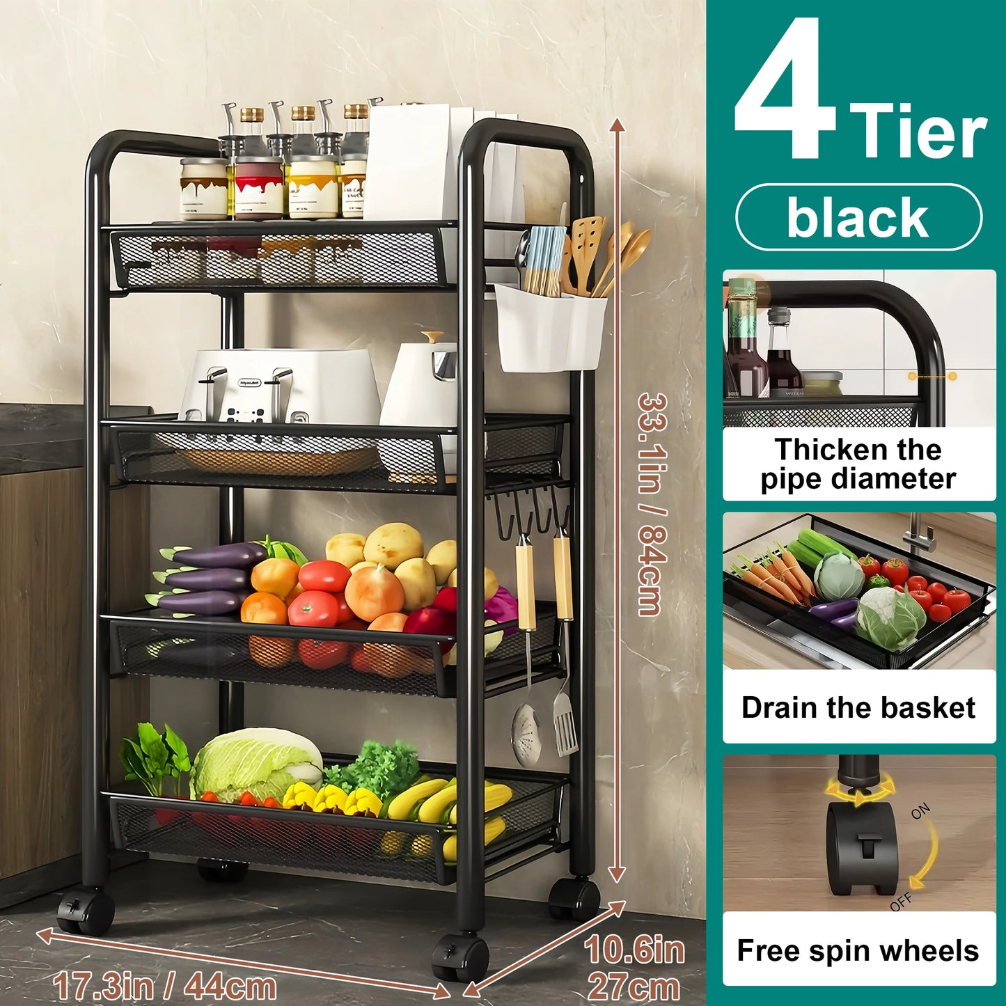 Foldable Metal Kitchen multipurpose Storage OrganizerTrolley with Wheels,  Easy to Assemble