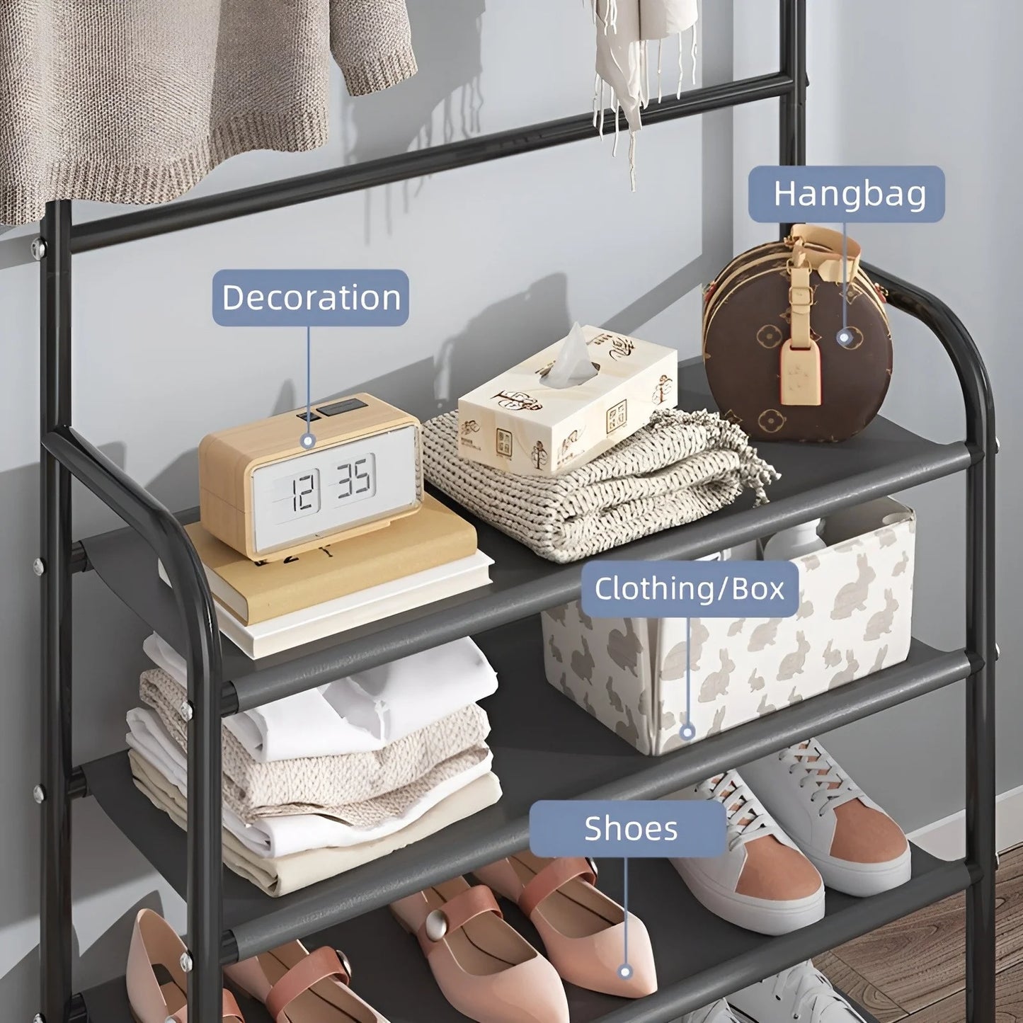 Metal Storage Shoe Rack Coat Rack Strand  with Hooks Multipurpose Coat Hanger