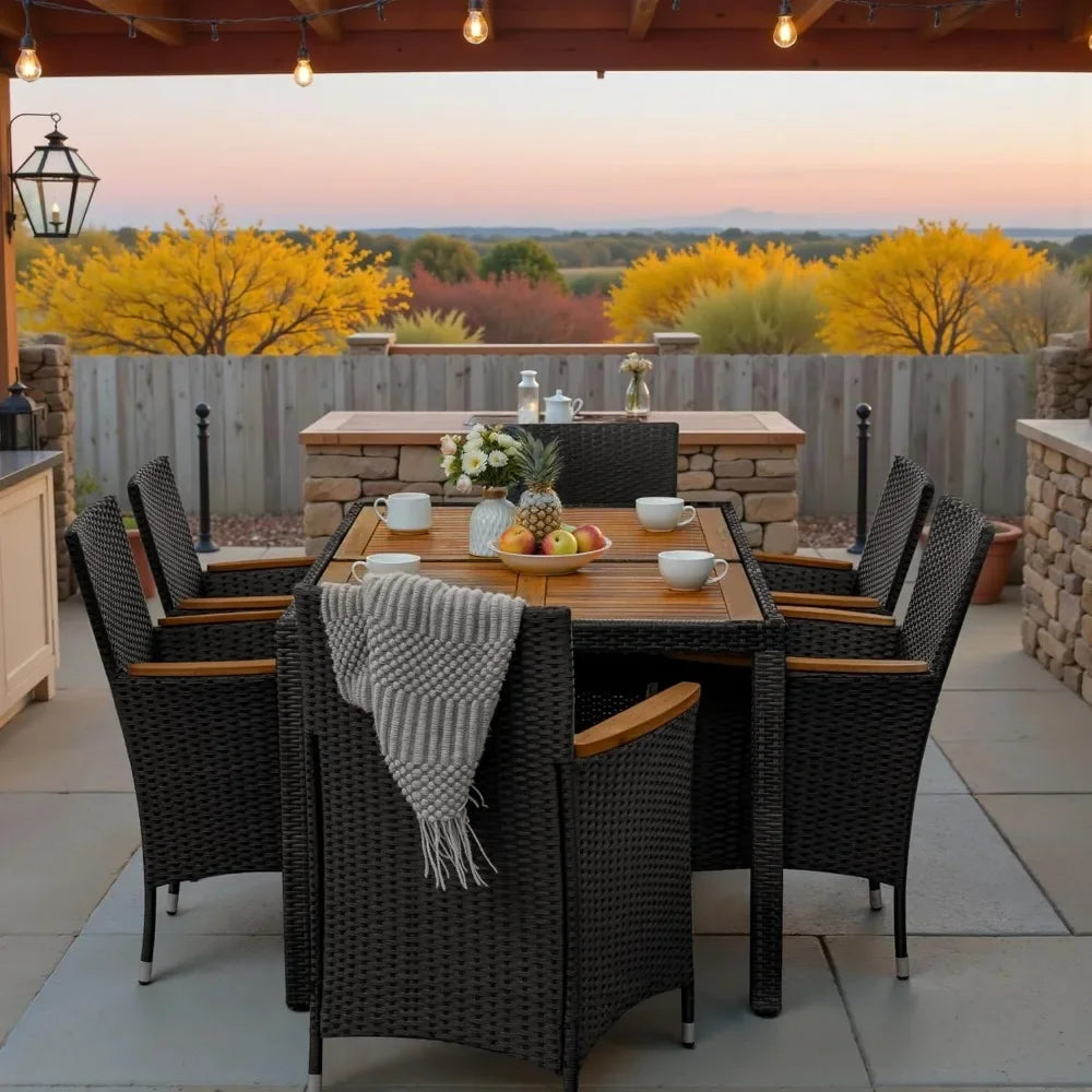 7 Pieces Outdoor Dining Set with 6 Chairs with Cushions, Curved Acacia Wooden Armrests
