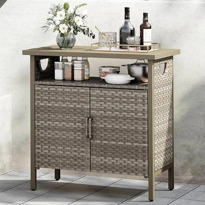 Patio Bar Table with Two Doors and Shelves, Waterproof Wicker Outdoor Storage Cabinet