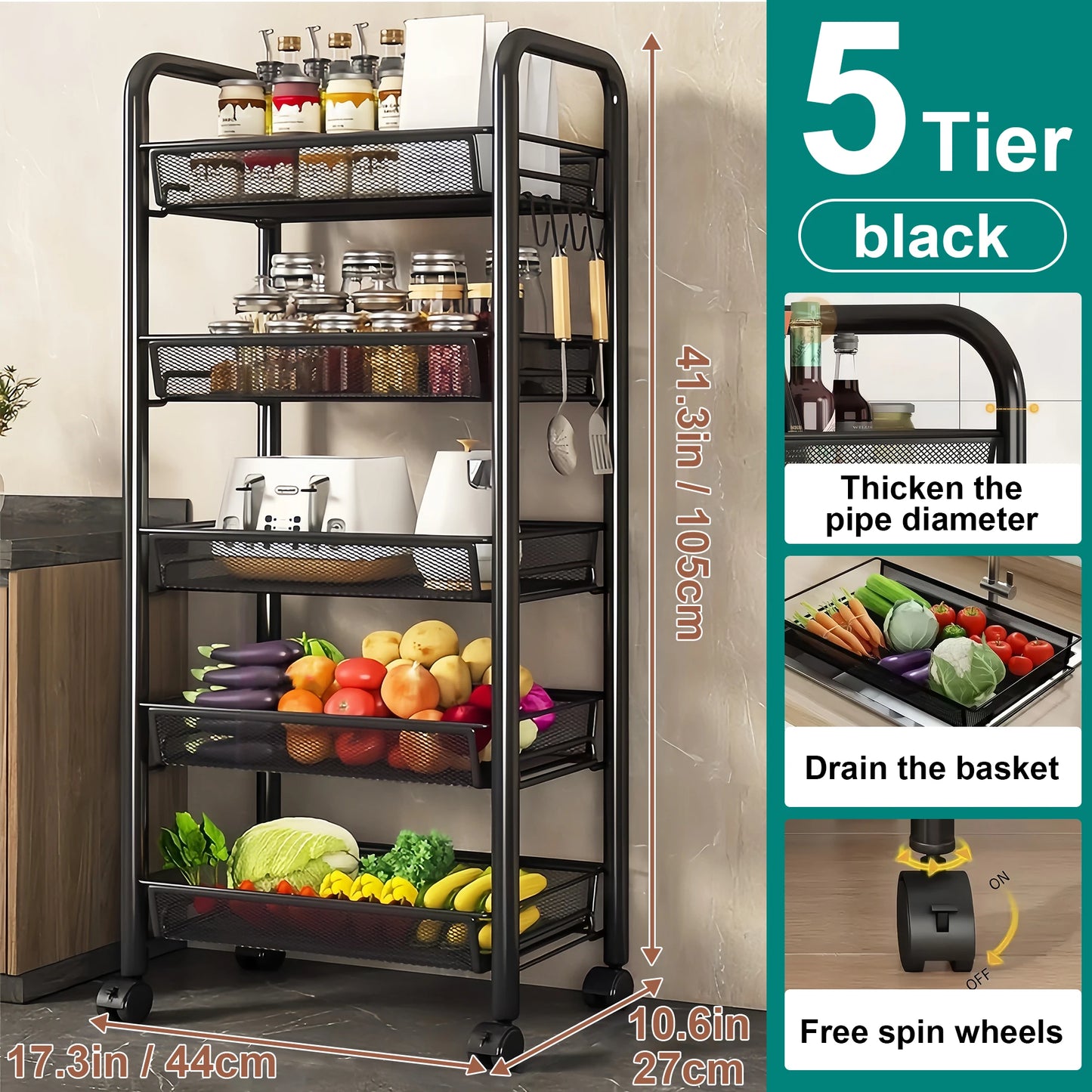 Foldable Metal Kitchen multipurpose Storage OrganizerTrolley with Wheels,  Easy to Assemble