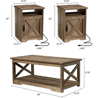 3-Piece Farmhouse Table Set Includes Coffee Table & Two End Tables, with Charging Station and USB Ports