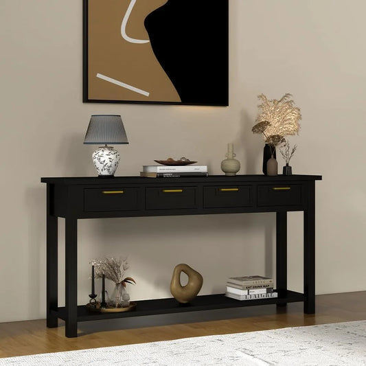 60 Inch Sofa Table w/4 Drawers and Bottom Shelf Narrow Long Hallway Table