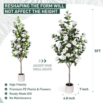63 inch Artificial Camellia Tree with White Flower Pots -5 Ft Faux Plants, 2 pack