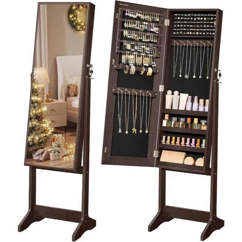 Standing Jewelry Cabinet Armoire with Full-Length Mirror, Lockable Jewelry Organizer,Brown Surface