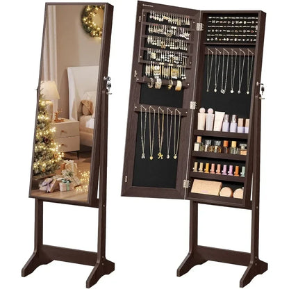 Standing Jewelry Cabinet Armoire with Full-Length Mirror, Lockable Jewelry Organizer,Brown Surface