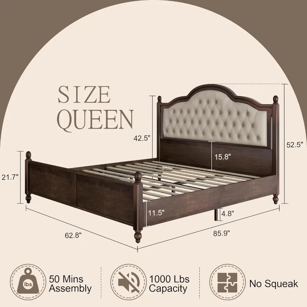 Solid Wood Bed Frame Queen Size,52.5" Upholstered Headboard, Column Accents/Support/No Box Spring Needed