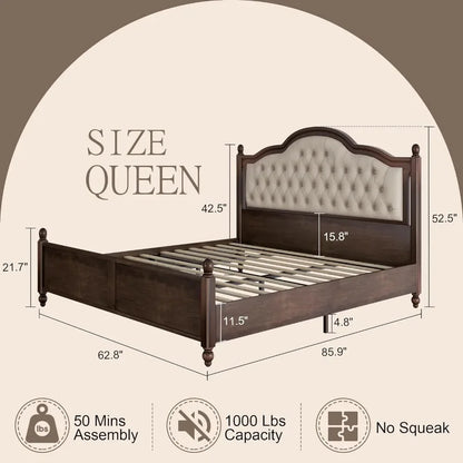 Solid Wood Bed Frame Queen Size,52.5" Upholstered Headboard, Column Accents/Support/No Box Spring Needed