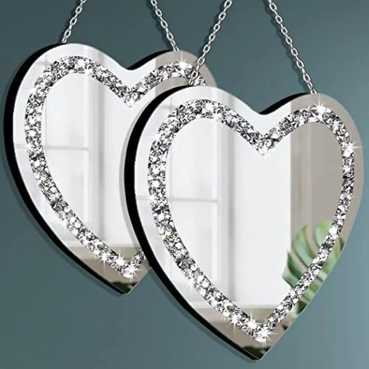 12X12 Inch Heart Shaped Crystal Crush Diamond Glass Mirror Set Pack of 2, with Stainless Steel Chain