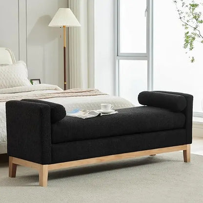 King Size 66.3" End of Bed Upholstered Long Boucle Ottoman Bench with Arms & Pillows