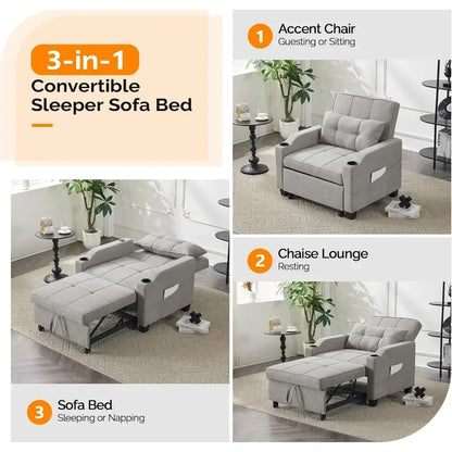 Sleeper Chair 3-in-1 Pull out Couch Sleeper Sofa Light Gray, Recliner with USB Ports, Cup Holders, Side Pockets