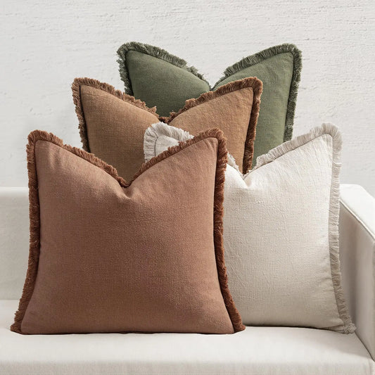 Set of 4 Neutral Linen Fringe Throw Pillows, Soft Rustic Cushions for Sofa Living Room Decor, Beige/Brown/Green