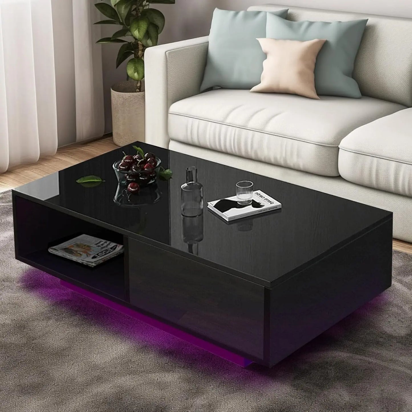 Modern Rectangle White LED Coffee Tables with Drawer & 16-Color LED Lights