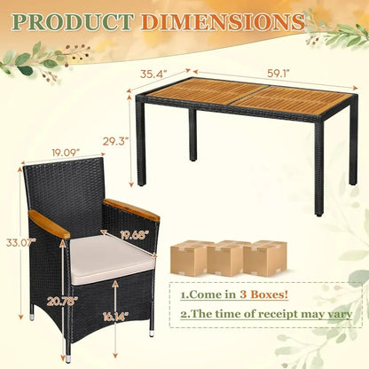 7 Pieces Outdoor Dining Set with 6 Chairs with Cushions, Curved Acacia Wooden Armrests