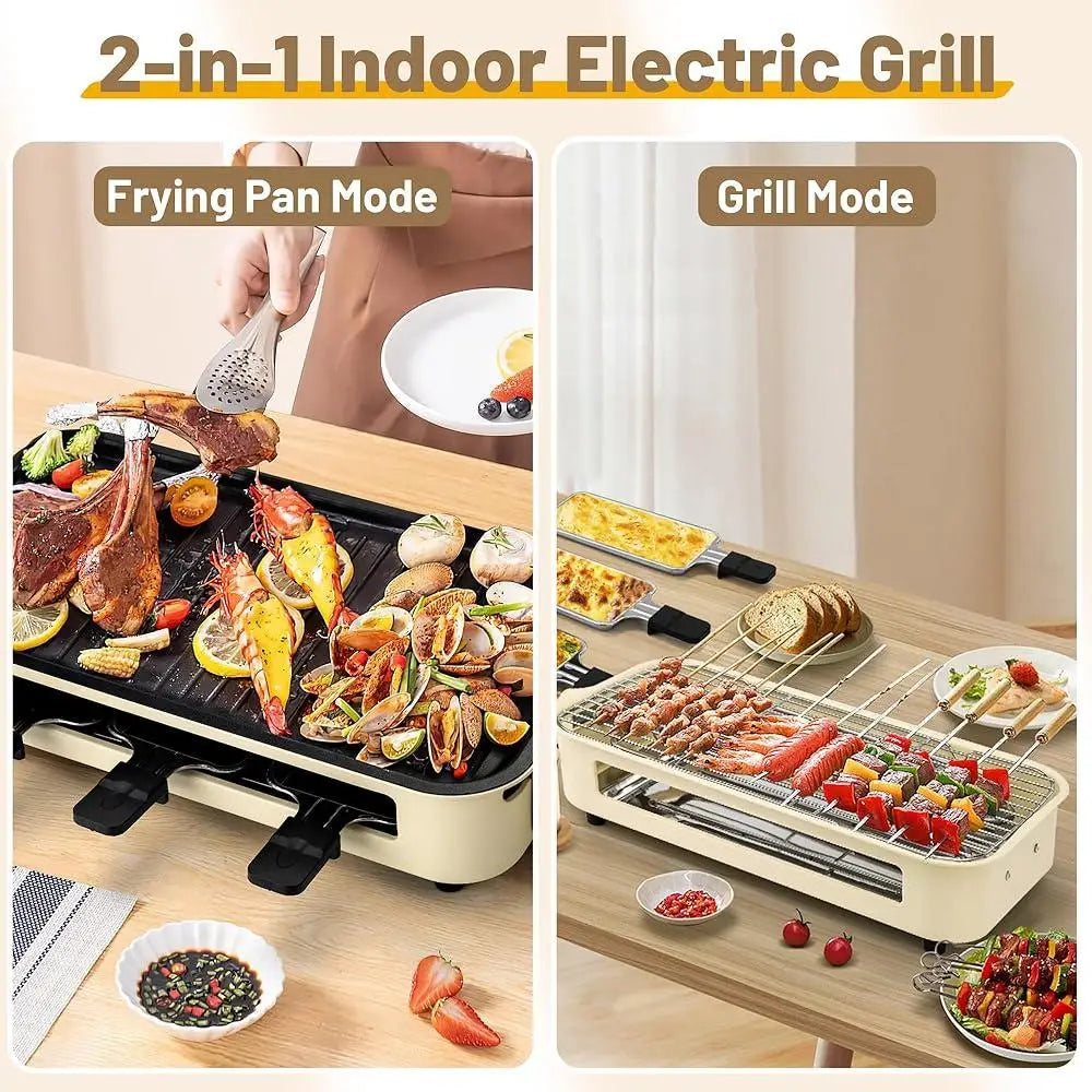 2 n 1 Non Stick Electric Smokeless Indoor Grill, Removable Plate, Temperature Control with Raclette Pans