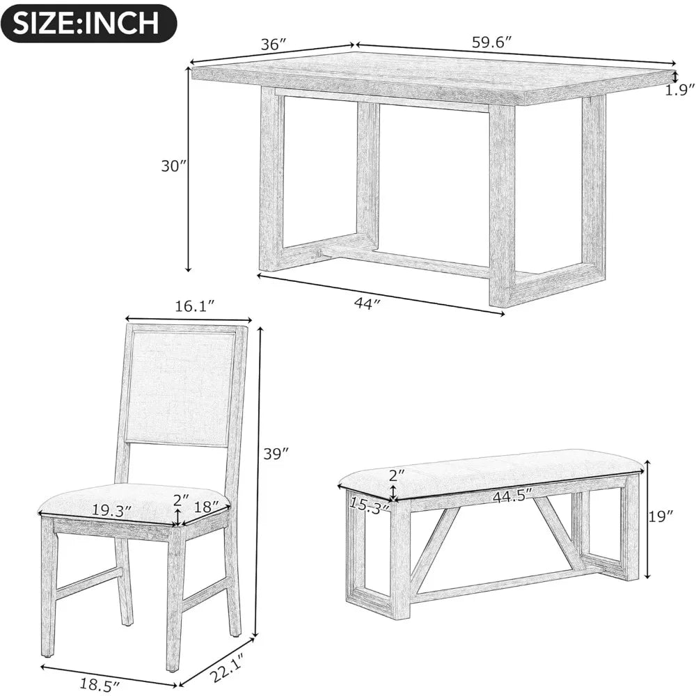 6-Piece Retro Dining Set for 6 Dining Table Set with 4 Upholstered Chairs & 1 Rectangular Bench