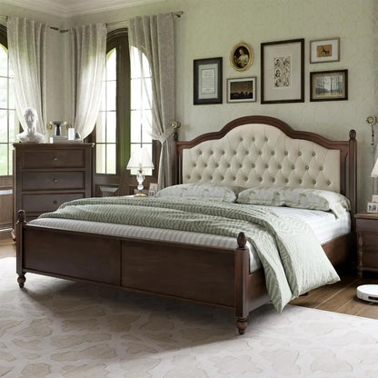 Solid Wood Bed Frame Queen Size,52.5" Upholstered Headboard, Column Accents/Support/No Box Spring Needed