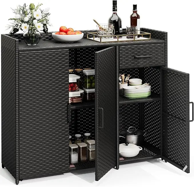 Patio Bar Table with Two Doors and Shelves, Waterproof Wicker Outdoor Storage Cabinet