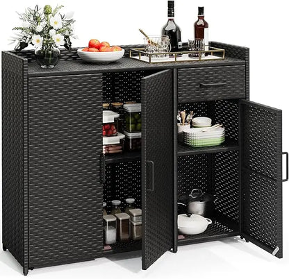 Patio Bar Table with Two Doors and Shelves, Waterproof Wicker Outdoor Storage Cabinet