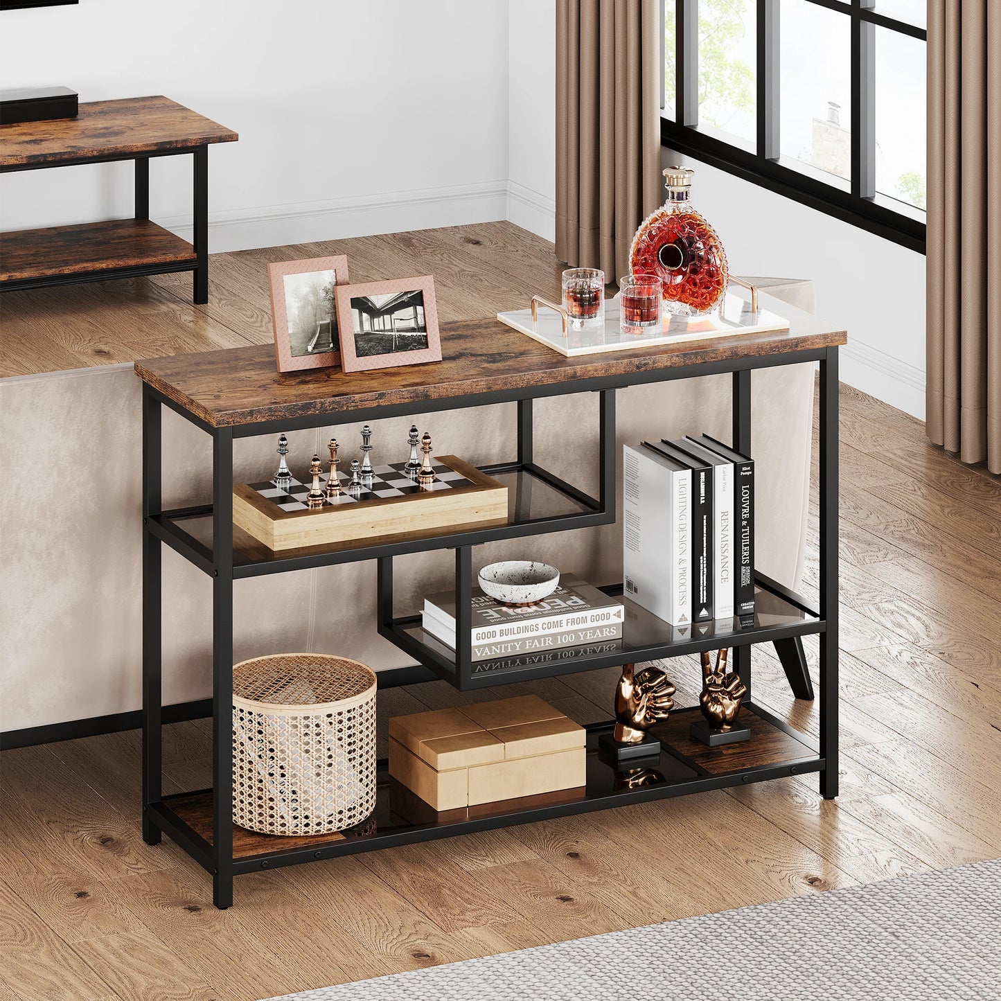 Console Table, 4-Tier Sofa Tables Narrow Entryway Table with Glass Shelf & Metal Frame
