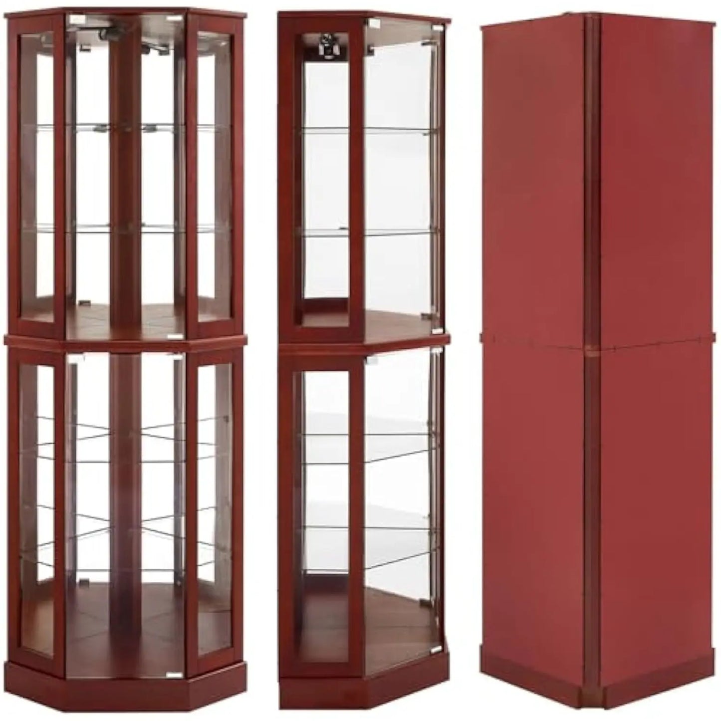 Lighted Curio China Cabinet Corner Display with Tempered Glass Doors and Shelves, Wooden Accent