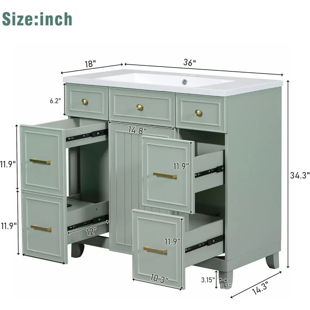 36" Bathroom Vanity organizer With Sink, Modern Green Bathroom Vanity With 3 Drawers