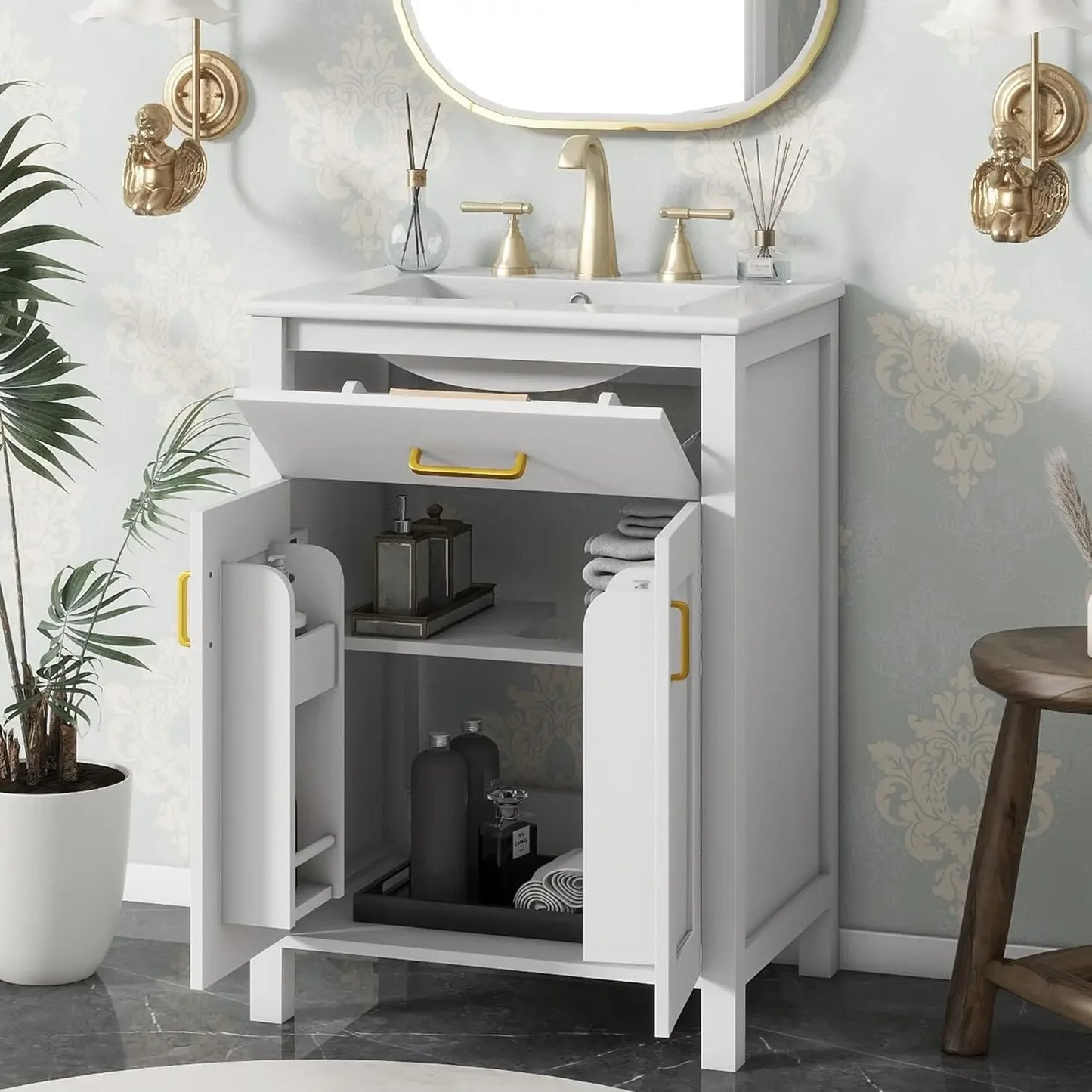 36" Bathroom Vanity organizer With Sink, Modern Green Bathroom Vanity With 3 Drawers