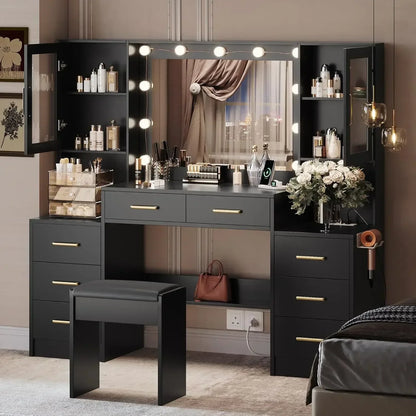 58.3" Vanity Desk with Mirror  and 10 LED Lights, 8 Metal Sliding Drawers & 2 Cabinets,Vanity Set